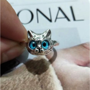 Кільце Кіт із синіми очима білий метал безрозмірне